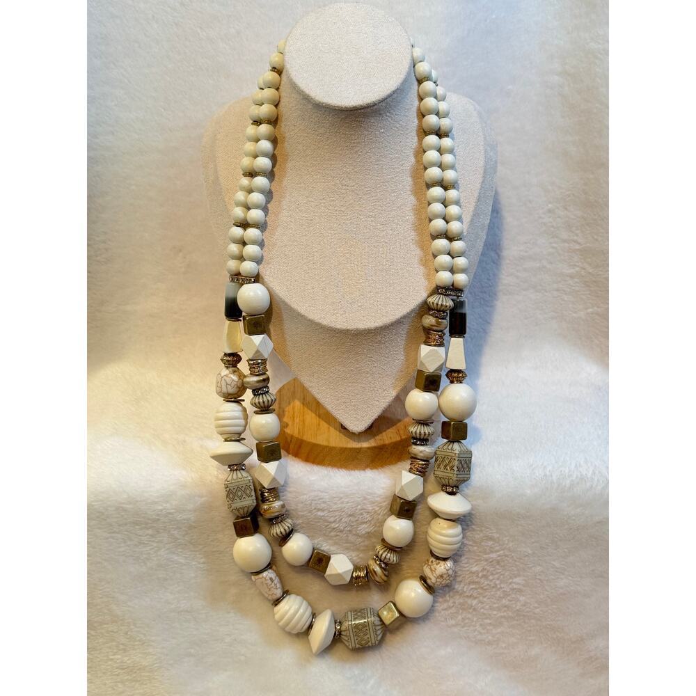 Vintage Cream & Gold Layered Necklace – Long Drop